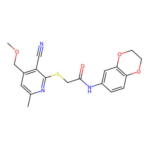 2-[3-cyano-4-(methoxymethyl)-6-methylpyridin-2-yl]sulfanyl-N-(2,3-dihydro-1,4-benzodioxin-6-yl)acetamide structure