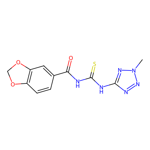 N-(1,3-benzodioxol-5-ylcarbonyl)-N'-(2-methyl-2H-tetraazol-5-yl)thiourea structure