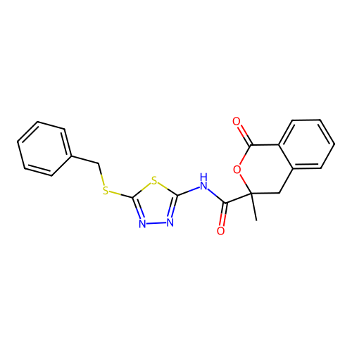 N-[5-(benzylsulfanyl)-1,3,4-thiadiazol-2-yl]-3-methyl-1-oxo-3,4-dihydro-1H-isochromene-3-carboxamide structure