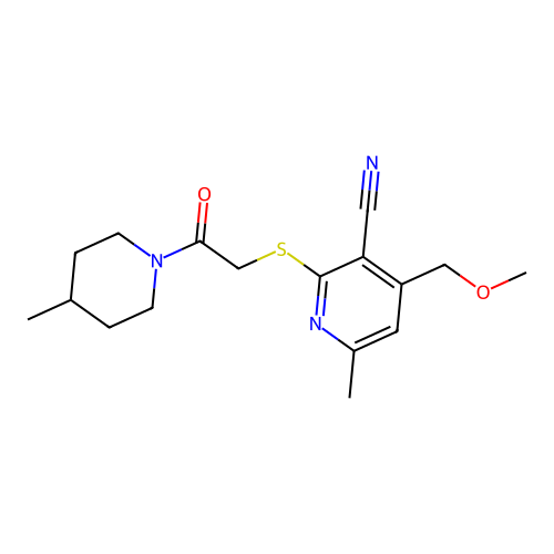 4-(methoxymethyl)-6-methyl-2-[2-(4-methylpiperidin-1-yl)-2-oxoethyl]sulfanylpyridine-3-carbonitrile structure