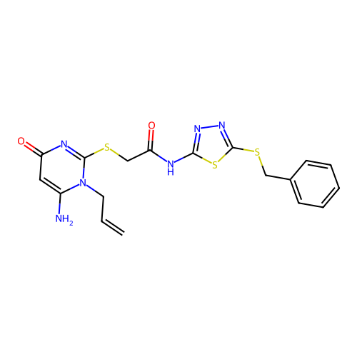 2-(6-amino-4-oxo-1-prop-2-enylpyrimidin-2-yl)sulfanyl-N-(5-benzylsulfanyl-1,3,4-thiadiazol-2-yl)acetamide structure