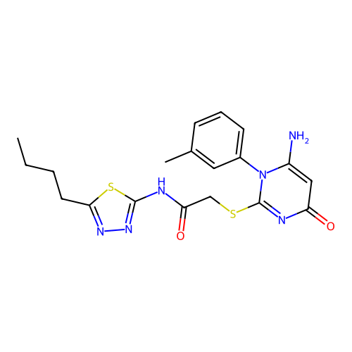 2-[6-amino-1-(3-methylphenyl)-4-oxopyrimidin-2-yl]sulfanyl-N-(5-butyl-1,3,4-thiadiazol-2-yl)acetamide structure