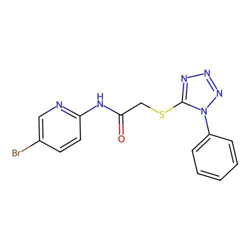 N-(5-bromopyridin-2-yl)-2-(1-phenyltetrazol-5-yl)sulfanylacetamide structure