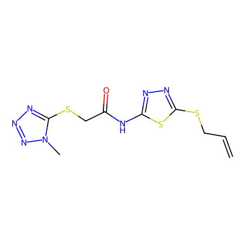 2-(1-methyltetrazol-5-yl)sulfanyl-N-(5-prop-2-enylsulfanyl-1,3,4-thiadiazol-2-yl)acetamide structure