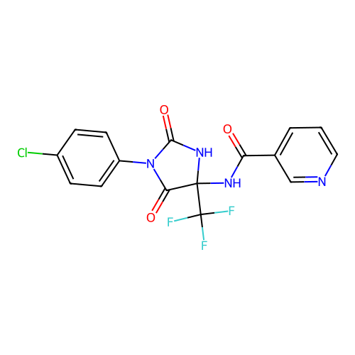 N-[1-(4-chlorophenyl)-2,5-dioxo-4-(trifluoromethyl)imidazolidin-4-yl]pyridine-3-carboxamide structure