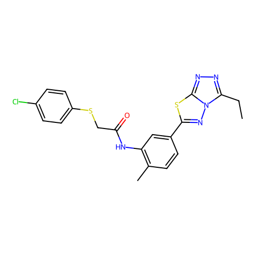 2-(4-chlorophenyl)sulfanyl-N-[5-(3-ethyl-[1,2,4]triazolo[3,4-b][1,3,4]thiadiazol-6-yl)-2-methylphenyl]acetamide structure