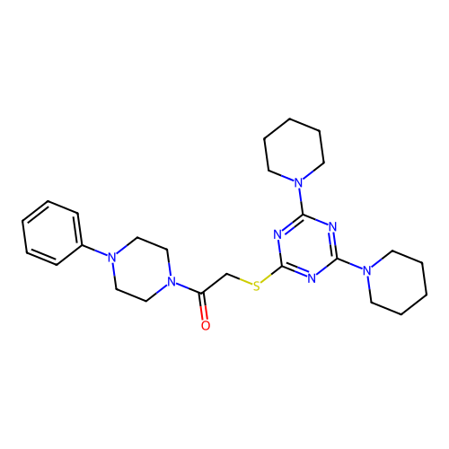 2-[[4,6-di(piperidin-1-yl)-1,3,5-triazin-2-yl]sulfanyl]-1-(4-phenylpiperazin-1-yl)ethanone structure
