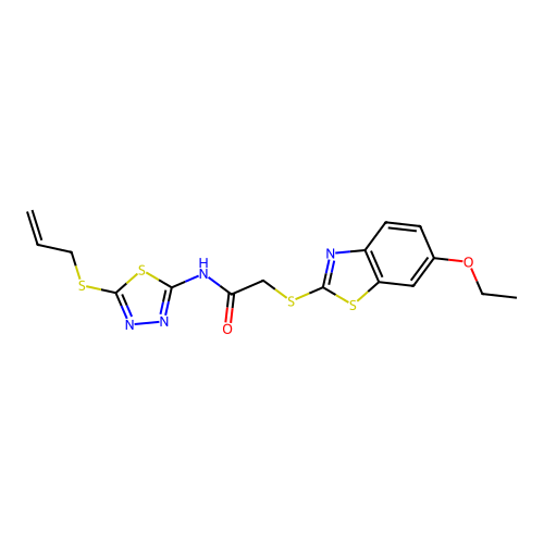 2-[(6-ethoxy-1,3-benzothiazol-2-yl)sulfanyl]-N-(5-prop-2-enylsulfanyl-1,3,4-thiadiazol-2-yl)acetamide structure