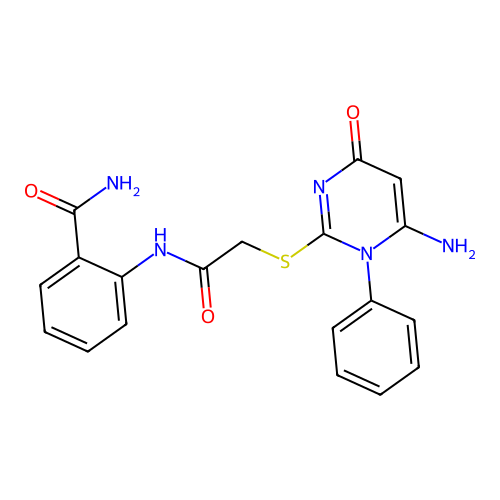 2-[[2-(6-Amino-4-oxo-1-phenylpyrimidin-2-yl)sulfanylacetyl]amino]benzamide structure