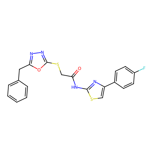 2-[(5-benzyl-1,3,4-oxadiazol-2-yl)sulfanyl]-N-[4-(4-fluorophenyl)-1,3-thiazol-2-yl]acetamide structure