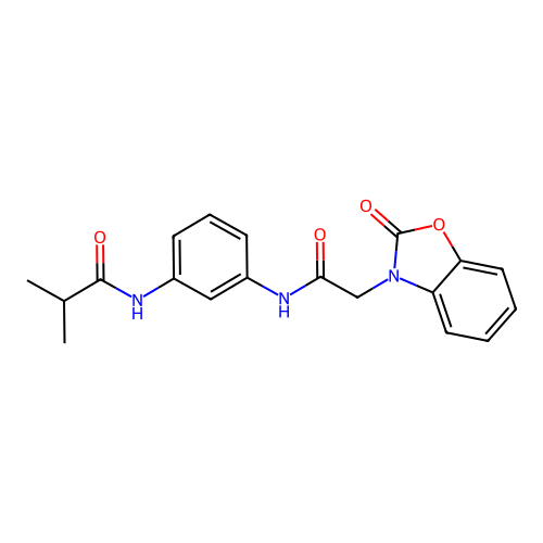 2-methyl-N-[3-[[2-(2-oxo-1,3-benzoxazol-3-yl)acetyl]amino]phenyl]propanamide structure