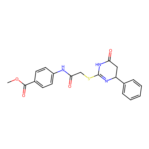 methyl 4-({[(6-oxo-4-phenyl-1,4,5,6-tetrahydropyrimidin-2-yl)sulfanyl]acetyl}amino)benzoate structure