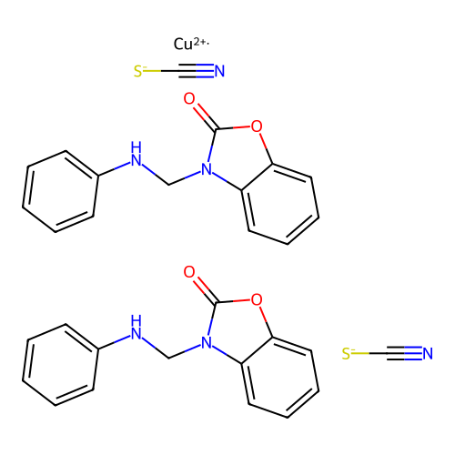 Copper(2+) thiocyanate--3-(anilinomethyl)-1,3-benzoxazol-2(3H)-one (1/2/2) structure