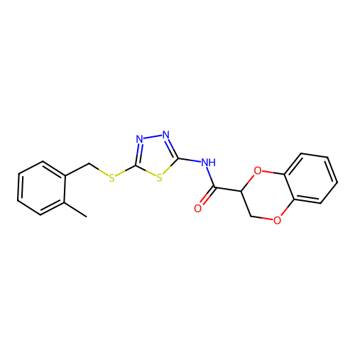 N-[5-[(2-methylphenyl)methylsulfanyl]-1,3,4-thiadiazol-2-yl]-2,3-dihydro-1,4-benzodioxine-3-carboxamide structure
