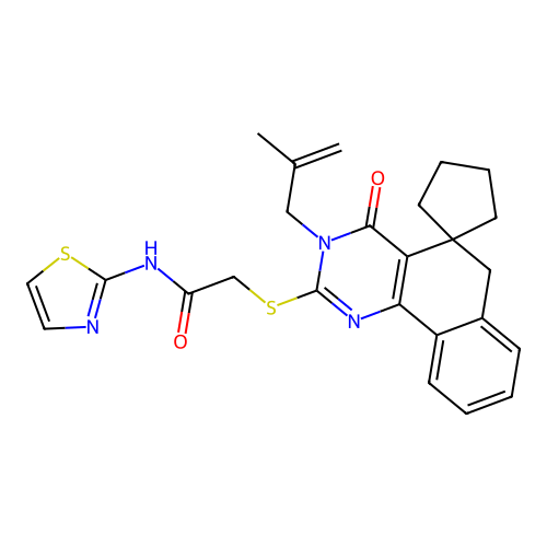 2-[3-(2-methylprop-2-enyl)-4-oxospiro[6H-benzo[h]quinazoline-5,1'-cyclopentane]-2-yl]sulfanyl-N-(1,3-thiazol-2-yl)acetamide structure