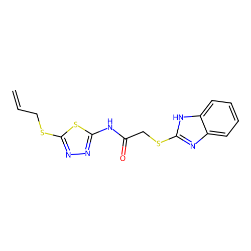 N-[5-(allylthio)-1,3,4-thiadiazol-2-yl]-2-(1H-benzimidazol-2-ylthio)acetamide structure