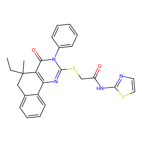 2-[(5-ethyl-5-methyl-4-oxo-3-phenyl-6H-benzo[h]quinazolin-2-yl)sulfanyl]-N-(1,3-thiazol-2-yl)acetamide structure
