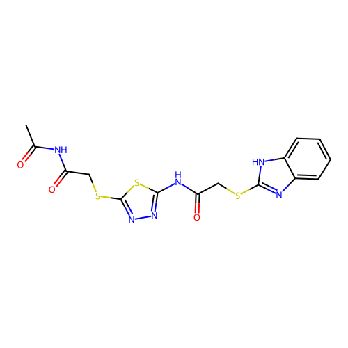N-[5-(2-acetamido-2-oxoethyl)sulfanyl-1,3,4-thiadiazol-2-yl]-2-(1H-benzimidazol-2-ylsulfanyl)acetamide structure