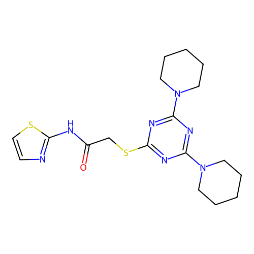 2-[[4,6-di(piperidin-1-yl)-1,3,5-triazin-2-yl]sulfanyl]-N-(1,3-thiazol-2-yl)acetamide structure