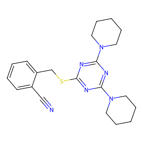 2-[[4,6-Di(piperidin-1-yl)-1,3,5-triazin-2-yl]sulfanylmethyl]benzonitrile structure