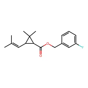 Cyclopropanecarboxylic acid, 2,2-dimethyl-3-(2-methyl-1-propenyl)-, (3-fluorophenyl)methyl ester, (1R,3R)- structure