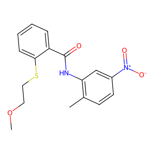 2-(2-methoxyethylsulfanyl)-N-(2-methyl-5-nitrophenyl)benzamide structure