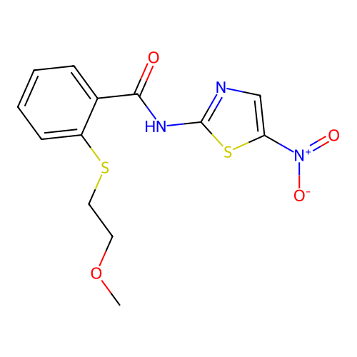 2-(2-methoxyethylsulfanyl)-N-(5-nitro-1,3-thiazol-2-yl)benzamide structure