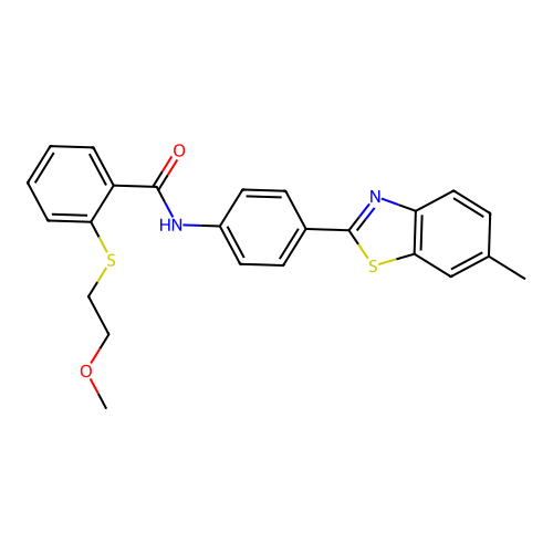 2-(2-methoxyethylsulfanyl)-N-[4-(6-methyl-1,3-benzothiazol-2-yl)phenyl]benzamide structure