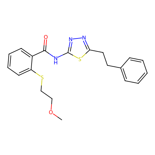 2-[(2-methoxyethyl)sulfanyl]-N-[5-(2-phenylethyl)-1,3,4-thiadiazol-2-yl]benzamide structure