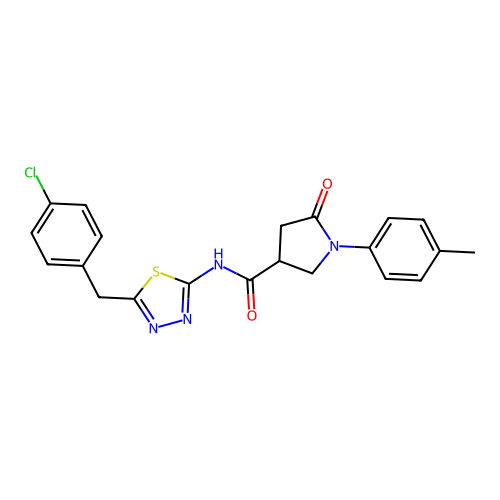 N-[5-[(4-chlorophenyl)methyl]-1,3,4-thiadiazol-2-yl]-1-(4-methylphenyl)-5-oxopyrrolidine-3-carboxamide structure