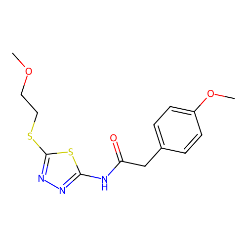 N-[5-(2-methoxyethylsulfanyl)-1,3,4-thiadiazol-2-yl]-2-(4-methoxyphenyl)acetamide structure