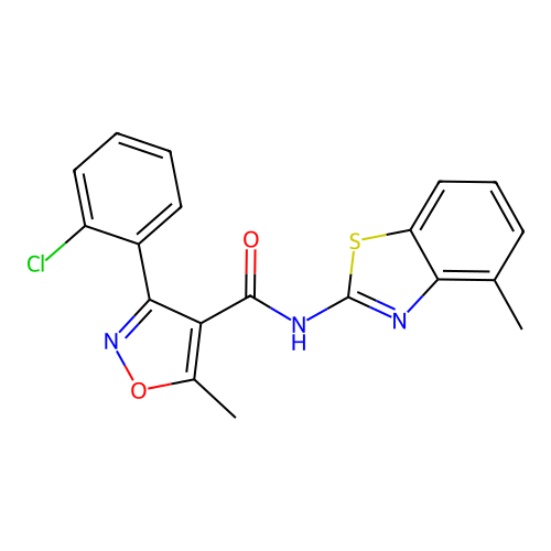 3-(2-chlorophenyl)-5-methyl-N-(4-methyl-1,3-benzothiazol-2-yl)-1,2-oxazole-4-carboxamide structure