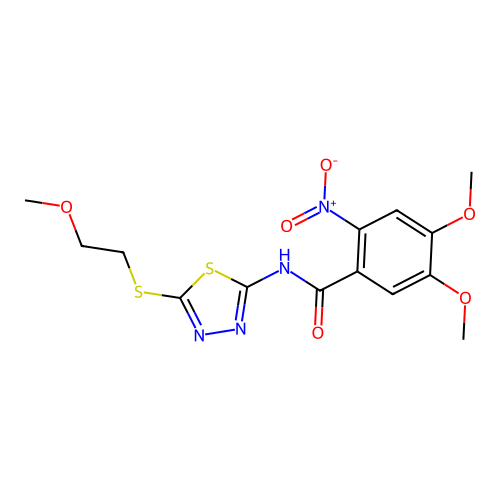 4,5-dimethoxy-N-[5-(2-methoxyethylsulfanyl)-1,3,4-thiadiazol-2-yl]-2-nitrobenzamide structure