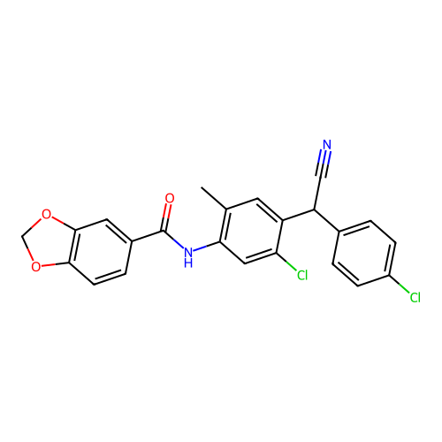 N-{5-chloro-4-[(4-chlorophenyl)(cyano)methyl]-2-methylphenyl}-1,3-benzodioxole-5-carboxamide structure