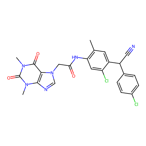 N-{5-chloro-4-[(4-chlorophenyl)(cyano)methyl]-2-methylphenyl}-2-(1,3-dimethyl-2,6-dioxo-1,2,3,6-tetrahydro-7H-purin-7-yl)acetamide structure