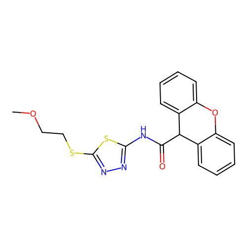 N-[5-(2-methoxyethylsulfanyl)-1,3,4-thiadiazol-2-yl]-9H-xanthene-9-carboxamide structure