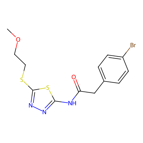 2-(4-bromophenyl)-N-[5-(2-methoxyethylsulfanyl)-1,3,4-thiadiazol-2-yl]acetamide structure