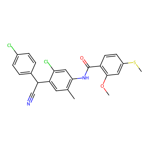 N-[5-chloro-4-[(4-chlorophenyl)-cyanomethyl]-2-methylphenyl]-2-methoxy-4-methylsulfanylbenzamide structure