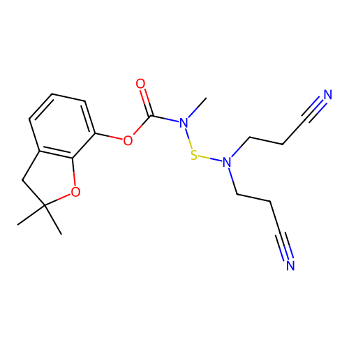 Carbamic acid, ((bis(2-cyanoethyl)amino)thio)methyl-, 2,3-dihydro-2,2-dimethyl-7-benzofuranyl ester structure