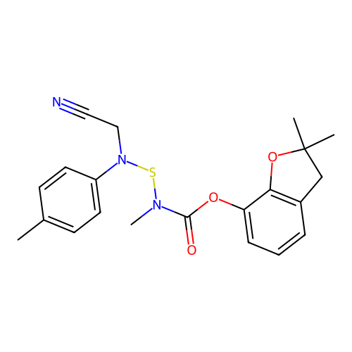 Carbamic acid, (((cyanomethyl)(4-methylphenyl)amino)thio)methyl-, 2,3-dihydro-2,2-dimethyl-7-benzofuranyl ester structure
