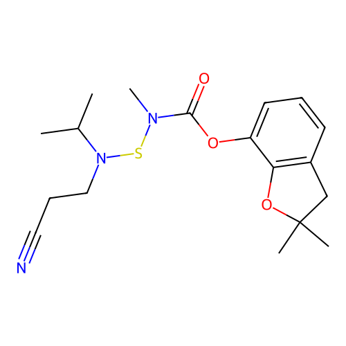 Carbamic acid, (((2-cyanoethyl)(1-methylethyl)amino)thio)methyl-, 2,3-dihydro-2,2-dimethyl-7-benzofuranyl ester structure