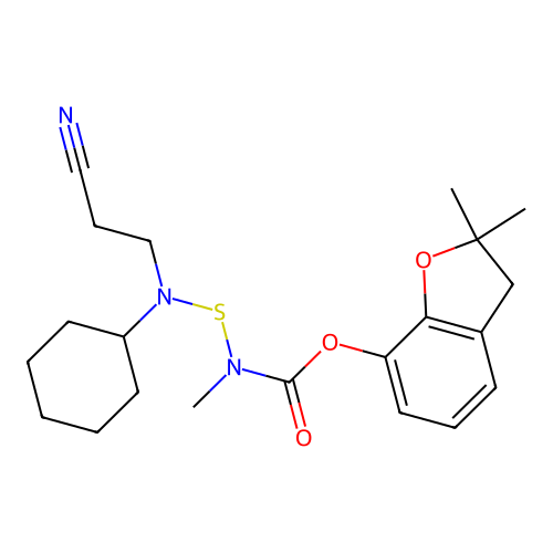Carbamic acid, (((2-cyanoethyl)cyclohexylamino)thio)methyl-, 2,3-dihydro-2,2-dimethyl-7-benzofuranyl ester structure