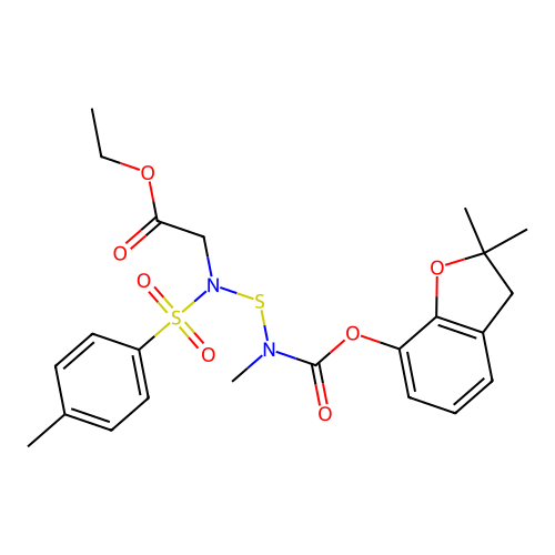 Glycine, N-(((((2,3-dihydro-2,2-dimethyl-7-benzofuranyl)oxy)carbonyl)methylamino)thio)-N-((4-methylphenyl)sulfonyl)-, ethyl ester structure