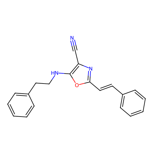 2-[(E)-2-phenylethenyl]-5-[(2-phenylethyl)amino]-1,3-oxazole-4-carbonitrile structure