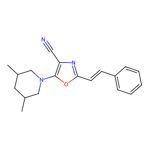 5-(3,5-dimethylpiperidin-1-yl)-2-[(E)-2-phenylethenyl]-1,3-oxazole-4-carbonitrile structure
