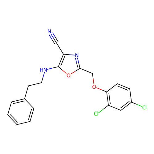 2-[(2,4-dichlorophenoxy)methyl]-5-(2-phenylethylamino)-1,3-oxazole-4-carbonitrile structure