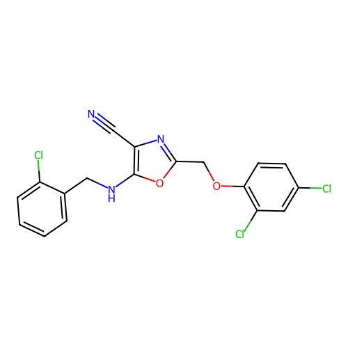5-[(2-chlorophenyl)methylamino]-2-[(2,4-dichlorophenoxy)methyl]-1,3-oxazole-4-carbonitrile structure