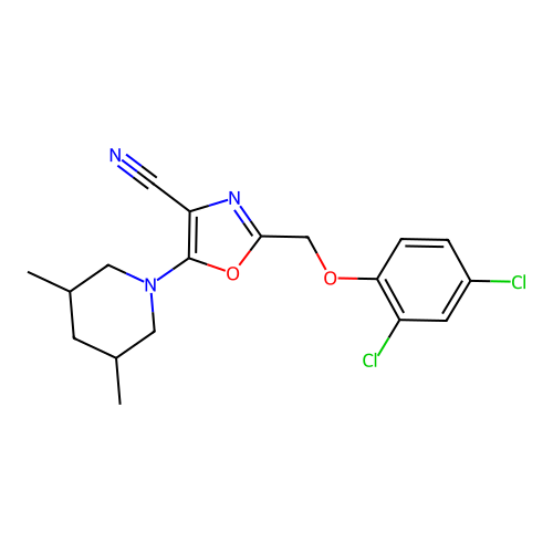 2-[(2,4-dichlorophenoxy)methyl]-5-(3,5-dimethylpiperidin-1-yl)-1,3-oxazole-4-carbonitrile structure