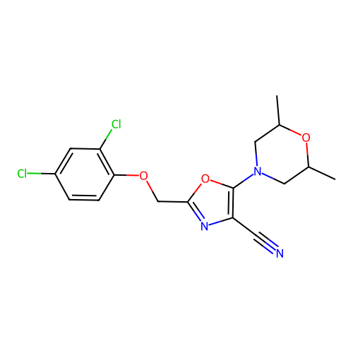 2-[(2,4-dichlorophenoxy)methyl]-5-(2,6-dimethylmorpholin-4-yl)-1,3-oxazole-4-carbonitrile structure