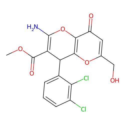 methyl 2-amino-4-(2,3-dichlorophenyl)-6-(hydroxymethyl)-8-oxo-4,8-dihydropyrano[3,2-b]pyran-3-carboxylate structure